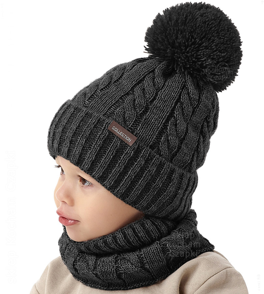 Czapka zimowa z kominem dla chłopca, Enmiel, czarny melanż, 50-53 cm