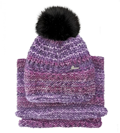 Czapka i komin damski zimowy, z pomponem, Mauricia, fioletowy melanż (2), 55-57 cm
