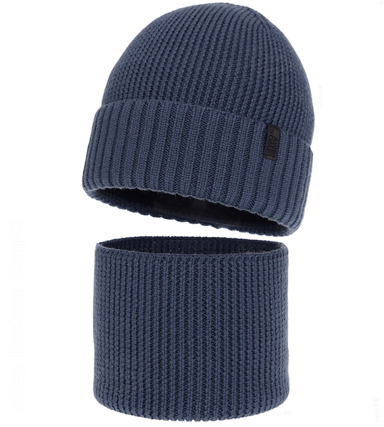 Czapka młodzieżowa i komin dla chłopca z wełny merino 100%, Rahian, niebieski, 56-58 cm