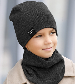 Zimowa czapka i komin, sportowy komplet dla chłopca, Desuno, dwustronny, grafit + bordo, 54-60 cm