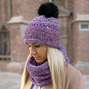 Czapka i komin damski zimowy, z pomponem, Mauricia, fioletowy melanż (2), 55-57 cm