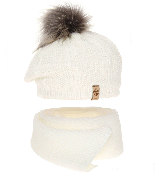 Komplet zimowy dla dziewczynki: beret i szalik, Ilefia, kremowy, 50-54 cm