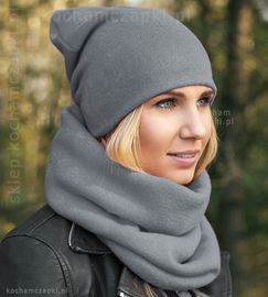 Komin i czapka damska, z dzianiny, zimowy-jesienny, Benita, szary (6), 55-57 cm