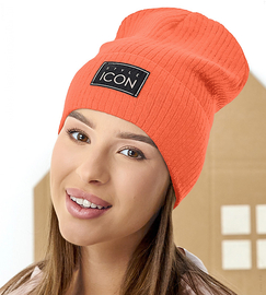 Czapka wiosenna-jesienna damska, z dzianiny w prążek, pomarańczowa, Engera, 54-57 cm