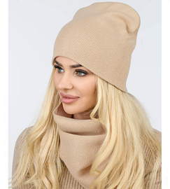 Czapka i komin damski, komplet jesienny, Fabrina, jasny beżowy, 55-60 cm