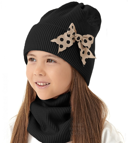 Czapka zimowa i komin dla dziewczynki, Lovilet, czarny, 52-56 cm