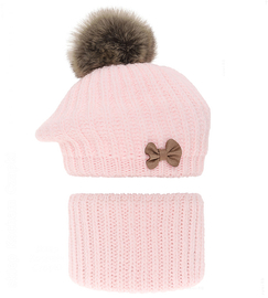 Beret zimowy i komin dla dziewczynki, Lopezja, jasny róż, 53-55 cm