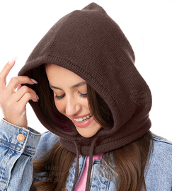 Komin z kapturem damski, kominiarka/kaptur zimowy wełniany, Ruanna, brązowy, 55-60 cm