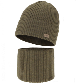 Czapka i komin dla chłopca, jesienny/wiosenny komplet, 100% wełna merino, Tinros, khaki, 52-54 cm
