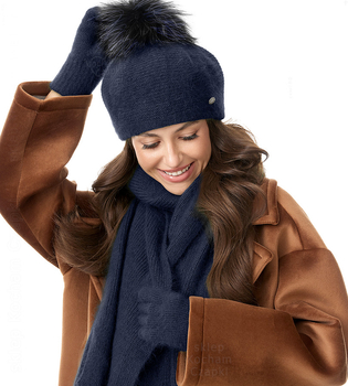 Beret damski z pomponem zimowy, angora, Dimmis, granatowy, 56-60 cm