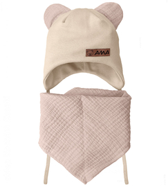 Komplet niemowlęcy, czapeczka i chustka muślinowa, Amisiio, beżowy, 38-40 cm