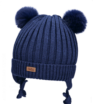 Czapka merino dla dziewczynki, zimowa z pomponami, Kamino, granatowa, 48-51 cm