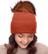Czapka Damska z Wełny Merino i Kaszmiru z Pomponem z Jenota, Cavilla, pomarańczowa, 55-57 cm