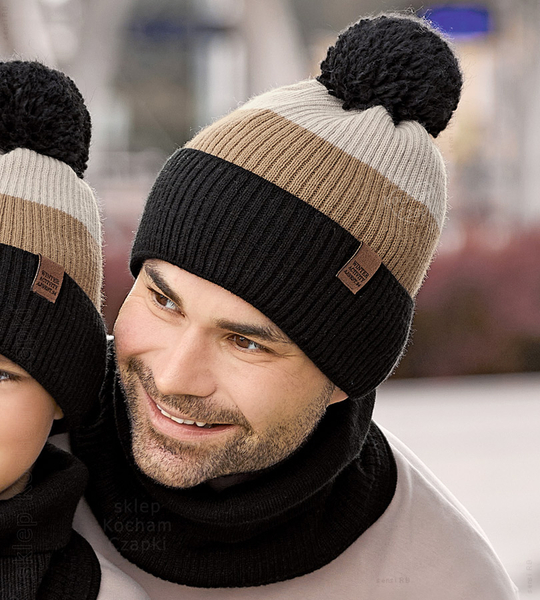Modna czapka i komin zimowy męski, Gutwin, czarny, + beżowy, 56-60 cm