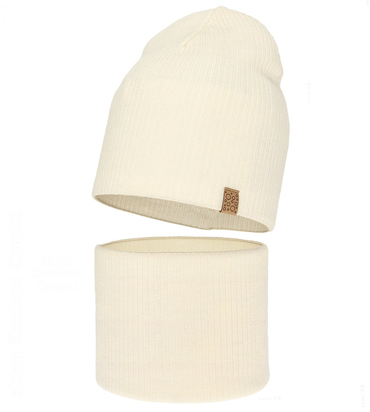 Czapka i komin dla dziewczynki, jesienny/wiosenny komplet, 100% wełny merino, Croana, kremowy, 52-54 cm 