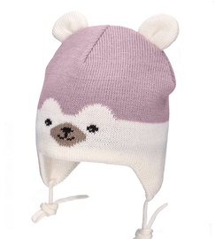 Czapka merino zimowa, niemowlęca dla dziewczynki, Isjomina, krem + wrzosowy, 38-42 cm