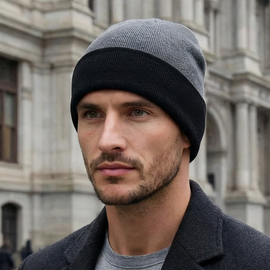 Czapka męska z wełny merino 100%, 2w1, szaro-czarna, 56-59 cm