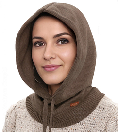 Komin z kapturem damski, kominiarka/kaptur zimowy, merino 17%, Beliza, brązowy, 55-62 cm