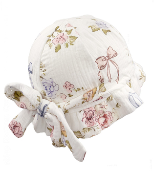Kapelusz muślinowy dla dziewczynki, biały w kwiaty, KP01,  regulowany obwód 46-53 cm