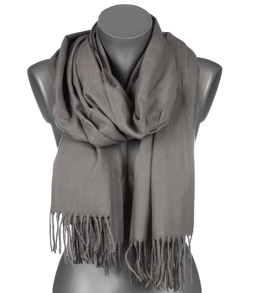 Szalik damski ciemnoszary cienki z frędzlami – miękki, poliestrowy, na jesień i zimę