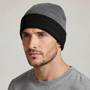 Czapka męska z wełny merino 100%, 2w1, szaro-czarna, 56-59 cm