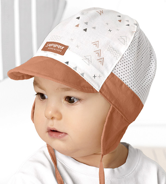 Czapka na lato dla chłopca, z siateczką, wiązana, Vlendo, biały + miedziany, 50-52 cm