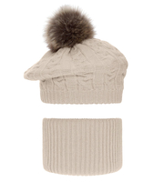 Beret i komin dla dziewczynki, komplet zimowy, Fokki, beżowy, 52-55 cm