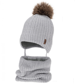 Czapka i komin dla chłopca, z wełną merino, Gonzo, szary, 44-46 cm