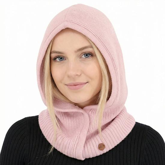 Balaklawa, komin z kapturem z wełny merino i kaszmiru, Rikana, różowa, 55-62 cm