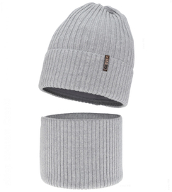 Czapka i komin dla chłopca, na zimę, 100% merino, Mogizzo, szary, 54-56 cm