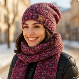 Czapka i szalik damskie, zimowy komplet, Gisele, śliwka+koral melanż, 54-56 cm