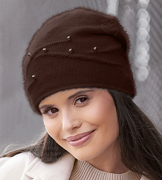 Czapka zimowa, damska, Izydora, angora, brązowy, 54-56 cm