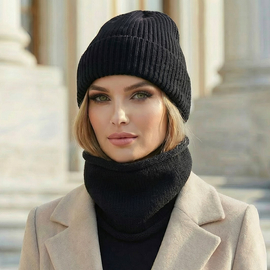 Czapka i komin z wełny merino i kaszmiru, komplet damski, czarny, 55-60 cm