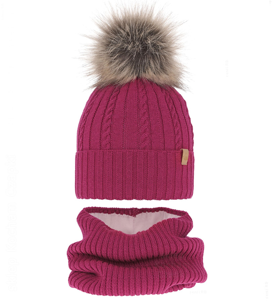 Czapka i komin merino dla dziewczynki, polar, Rimabel, amarantowa, 51-53 cm