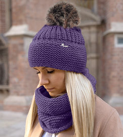 Damska czapka i komin zimowy, z pomponem, Mauricia fioletowy, rozm. 55-57 cm
