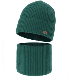 Czapka i komin dla chłopca, jesienny/wiosenny komplet, 100% wełna merino, Tinros, zielony butelkowy, 48-50 cm