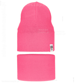 Czapka i komin dla dziewczynki, komplet wiosenny-jesienny, róż neonowy, Rafinka, 50-54 cm