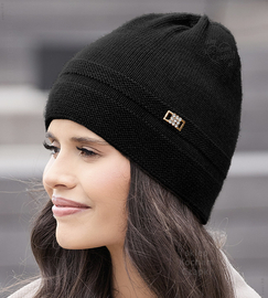 Czapka zimowa damska, elegancka, z wełny 100% merino, Orchidea, czarna, 55-57 cm