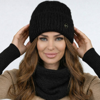 Czapka i komin damski, zimowy komplet, Eteser, czarny, 55-57 cm