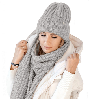 Czapka i szalik damski, modny komplet zimowy, Limda, szary, 56-59 cm