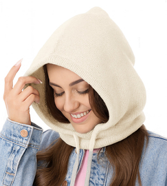 Komin z kapturem damski, kominiarka/kaptur zimowy wełniany, Ruanna, śmietankowy, 55-60 cm