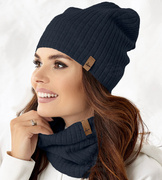 Komplet Catrine dzianinowy, czapka i komin damski, granatowy, 55-56 cm