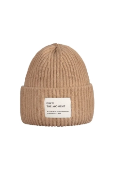 Czapka wełniana damska, merino i kaszmir, gruba, ciepła, z naszywką, Puro, karmelowa, 55-57 cm