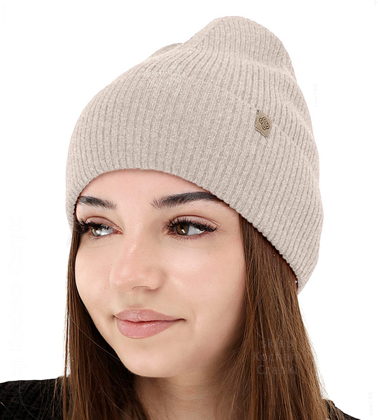 Czapka jesienna, damska, wełna merino z kaszmirem, Nalieta, jasny beżowy,  54-57 cm