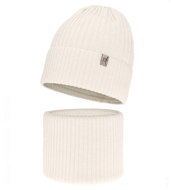 Czapka i komin dla dziewczynki, 100% merino, Temira,  śmietankowy (03), 53-56 cm
