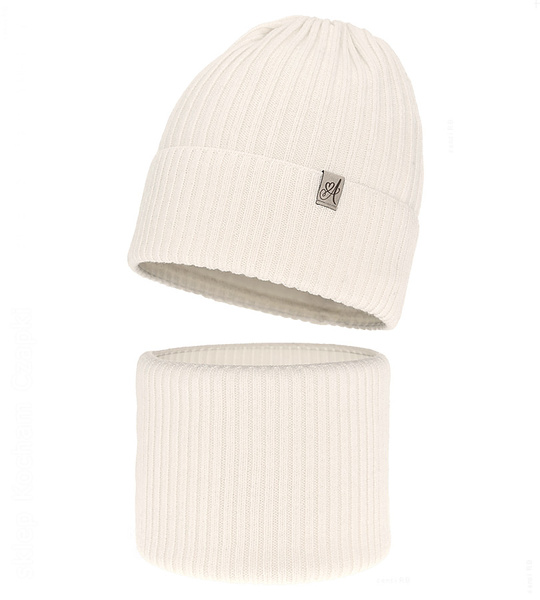 Czapka i komin dla dziewczynki, 100% merino, Temira, śmietankowy (03), 50-52 cm