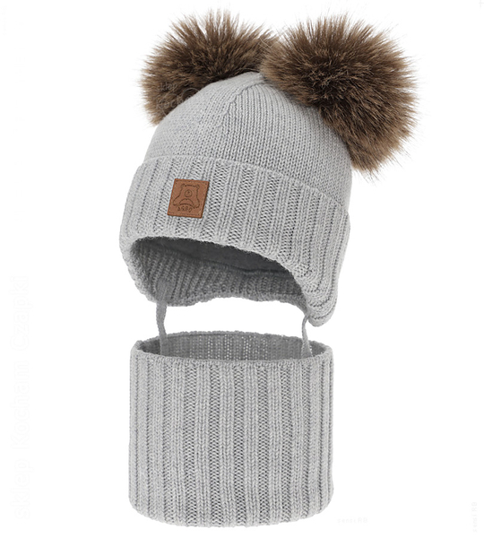 Czapka i komin dla chłopca, wełniany komplet 100% merino, Noovik, szary, 48-50 cm