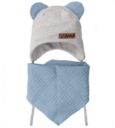 Komplet niemowlęcy, czapeczka i chustka muślinowa,  Amisiio, szary + niebieski, 36-38