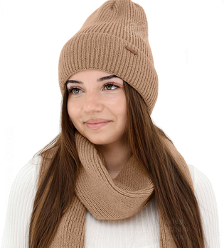 Komplet zimowy damski, czapka i szalik, z wełną merino, Alyssa, kamel, 56-60 cm