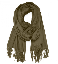 Szalik damski cienki z frędzlami – miękki, na jesień i zimę, zielony, khaki